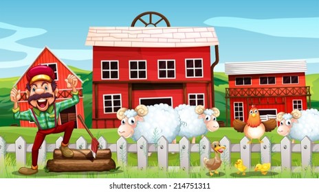 Illustration of a lumberjack and barns