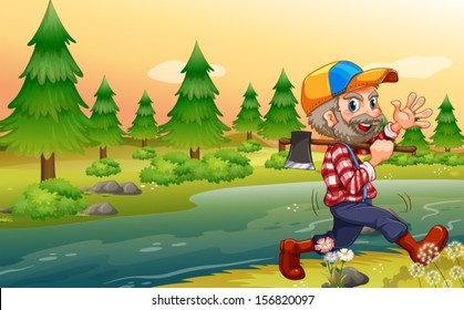 Illustration of a lumberjack carrying an axe while walking