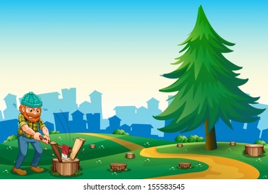 Illustration of a lumberjack chopping the woods at the hilltop