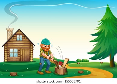 Illustration of a lumberjack chopping the woods at the hilltop near the wooden house