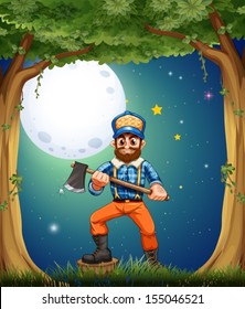 Illustration of a lumberjack at the forest in the middle of the night