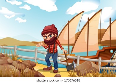 Illustration of a lumberjack holding an axe near the sea