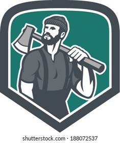 Illustration of a lumberjack holding an axe on shoulder looking up to side set inside shield crest shape done in retro style.