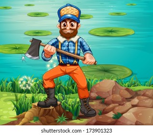 Illustration of a lumberjack holding an axe at the riverbank