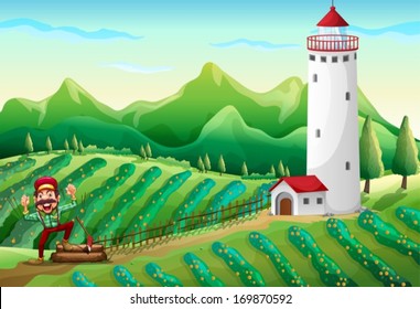 Illustration of a lumberjack near the tower at the farm