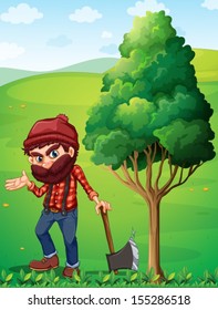 Illustration of a lumberjack near the tree