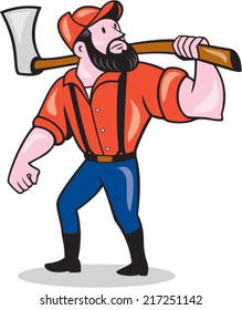 Illustration of a lumberjack sawyer forester standing holding an axe on shoulder looking up to side on isolated white background done in cartoon style. 