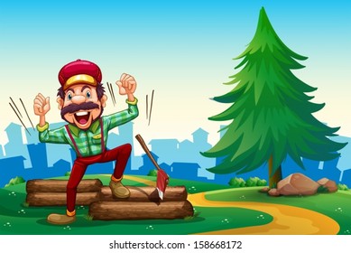 Illustration of a lumberjack shouting while chopping the woods
