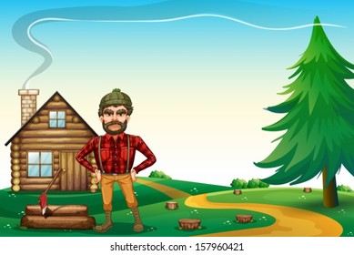 Illustration of a lumberjack standing in front of the wooden farmhouse