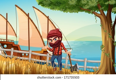 Illustration of a lumberjack standing at the riverbank with a wooden ship