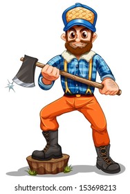 Illustration of a lumberjack stepping on a stump on a white background