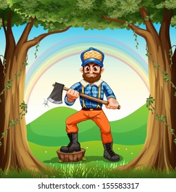 Illustration of a lumberjack stepping at the stump in the forest