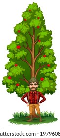 Illustration of a lumberjack under the tree on a white background