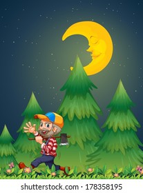 Illustration of a lumberjack walking happily while carrying an axe