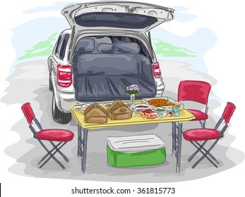 Illustration of a Lunch Table Set Up at the Back of an SUV