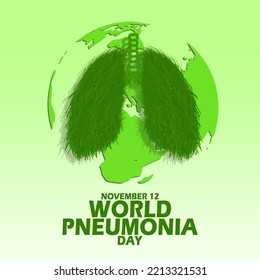 Illustration of a lung with grass and a globe behind it with bold text on a light green background to commemorate World Pneumonia Day on November 12