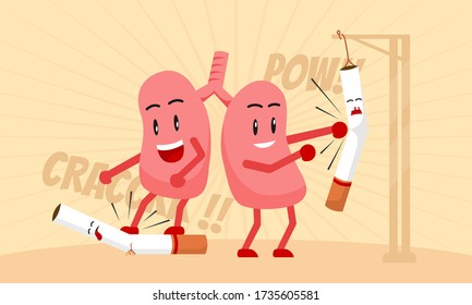 illustration of lungs fight the cigarettes. step on cigar and punching bag. cute cartoon comic style concept. organ character, poster campaign world no tobacco day.