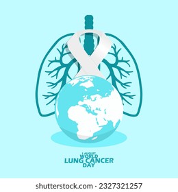 Illustration of Lungs with a white ribbon and earth, with bold text on a light blue background to commemorate World Lung Cancer Day on August 1