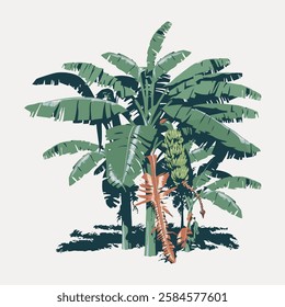 Illustration of lush banana trees with large green leaves and clusters of bananas. Tropical banana trees create a vibrant, natural jungle scene. Vintage art illustration, vector.