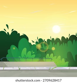 Illustration of a lush garden with a sidewalk, and clouds in summer.