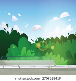 Illustration of a lush garden with a sidewalk, and clouds in summer.