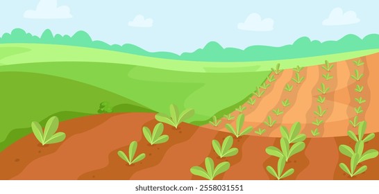 Illustration of a lush green farm landscape with growing plants. Vector illustration