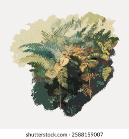 Illustration of lush green ferns with varying shades of green and yellow. Ferns create a dense, vibrant foliage. Ferns and foliage blend in a natural pattern. Vintage botanical illustration vector.