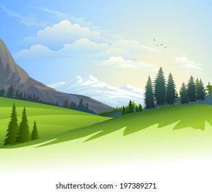 An illustration of lush green fields with hills and icy mountains