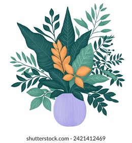 Illustration of Lush Green and Orange Plants in Textured Purple Ceramic Pots
