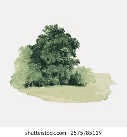 Illustration of a lush green tree with dense foliage. The tree stands alone, surrounded by a patch of grass, showcasing nature's beauty and tranquility. Isolated vintage vector element.