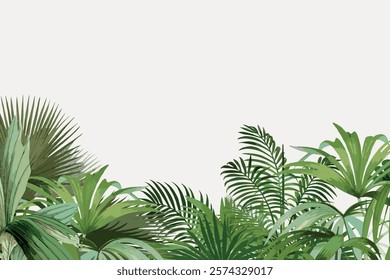 Illustration of lush green tropical leaves. Tropical leaves in various shades of green. Lush foliage with tropical leaves. Green leaves in a tropical setting. Vintage art drawing illustration vector.