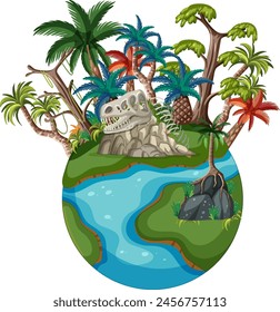 Illustration of a lush island with dinosaur remains.