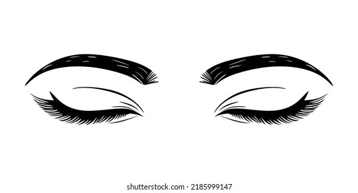 Illustration of a luxurious female closed eyes with perfectly shaped eyebrows and full eyelashes. Hand drawn closed eyes idea for business card, typography vector. Perfect view of the salon. Vector