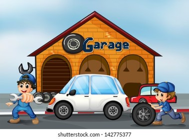 Illustration of a luxury car in front of an autoshop