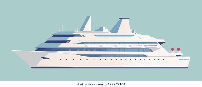 Illustration of a luxury cruise ship in a simple flat graphic style on a light blue background. Vector illustration