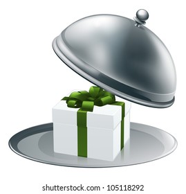 Illustration of a luxury gift on a silver platter tied with green ribbon and bow