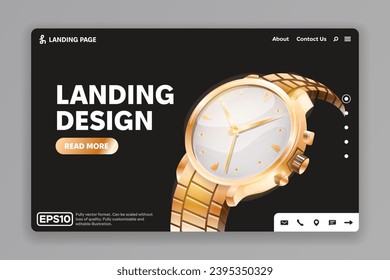 Illustration of a luxury gold watch. Landing design for a store of branded watches and accessories.