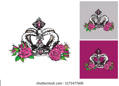 Illustration of luxury queen crown. Luxury fashion style clip-art icon for branding, t-shirt print, promo ads. Isolated vector element on white, gray and amaranth purple colors.
