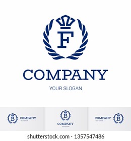 Illustration of Luxury Vintage Crest Logo with letter F in the Middle and Luxury Crown. Calligraphic Royal Emblems and Elements Logo Icon Template on White Background