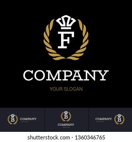 Illustration of Luxury Vintage Crest Logo with letter F in the Middle and Luxury Crown. Calligraphic Royal Emblems and Elements Logo Icon Template on Black Background