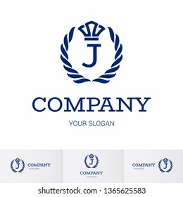 Illustration of Luxury Vintage Crest Logo with letter J in the Middle and Luxury Crown. Calligraphic Royal Emblems and Elements Logo Icon Template on White Background