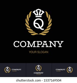 Illustration of Luxury Vintage Crest Logo with letter Q in the Middle and Luxury Crown. Calligraphic Royal Emblems and Elements Logo Icon Template on Black Background