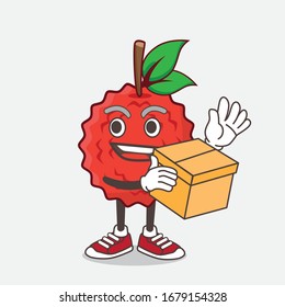 An illustration of Lychee Fruit cartoon mascot character holding a box
