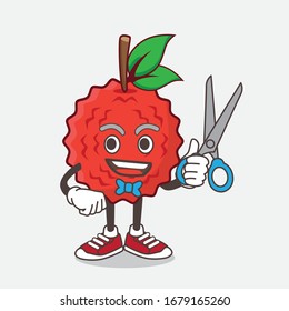An illustration of Lychee Fruit cartoon mascot character as smiling barber with scissors on hand