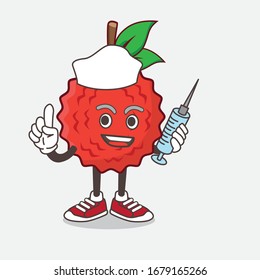 An illustration of Lychee Fruit cartoon mascot character as nurse with medical syringe