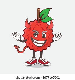 An illustration of Lychee Fruit cartoon mascot character as red devil with horns and tail