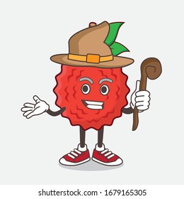 An illustration of Lychee Fruit cartoon mascot character as a witch wearing hat and staff