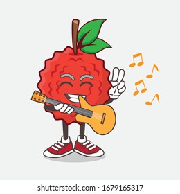 An illustration of Lychee Fruit cartoon mascot character playing a guitar