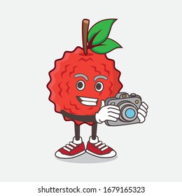 An illustration of Lychee Fruit cartoon mascot character as photographer in action with a camera