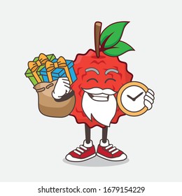 An illustration of Lychee Fruit cartoon santa mascot character having a sack of gifts